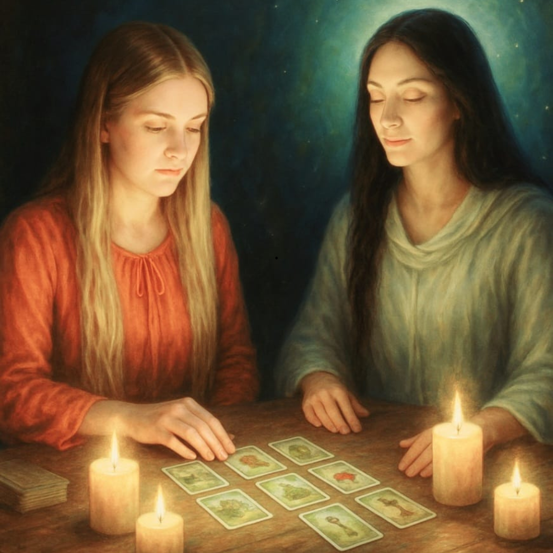 Leitura de cartas de tarot com velas